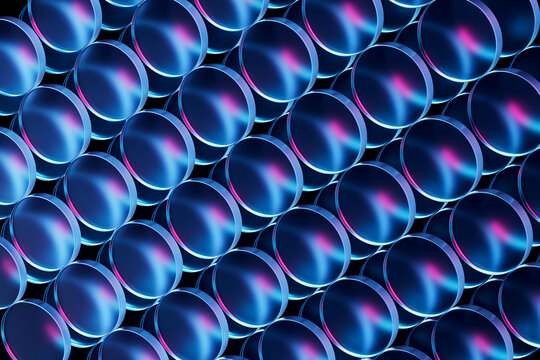 Abstract 3D rendering of blue and pink glowing glass discs