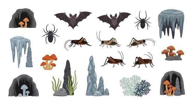 Cartoon cave elements set with bats, spiders, crickets, and mushrooms