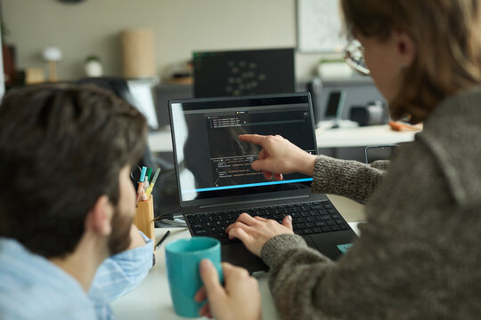 Coworkers discuss coding script on laptop in the office