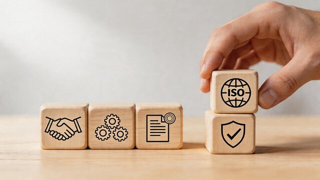 Business man placing wooden cube with iso symbol on tower of blocks representing certification quality assurance security shield icon partnership handshake agreement gears