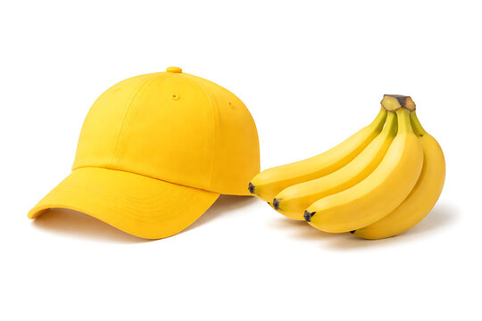 Bright yellow baseball cap next to a bunch of fresh yellow bananas isolated on white background