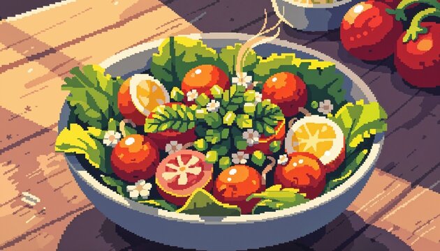 Colorful pixel art salad with fresh ingredients and vibrant greens