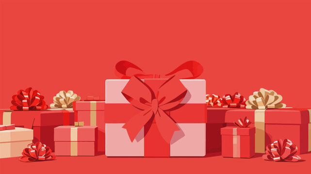 Festive gift boxes with bows on red holiday background