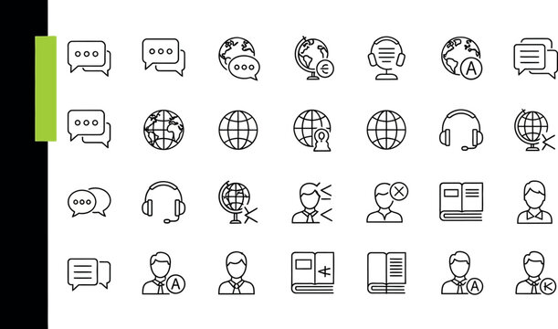 Language learning line icons set, translation and global communication vector elements, education and linguistics symbols for web design