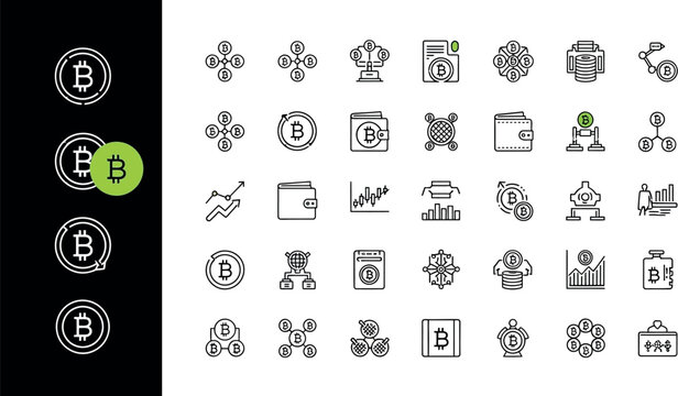 Cryptocurrency line icon set, 32 bitcoin and blockchain vector symbols, digital wallet and crypto mining finance graphics for web design