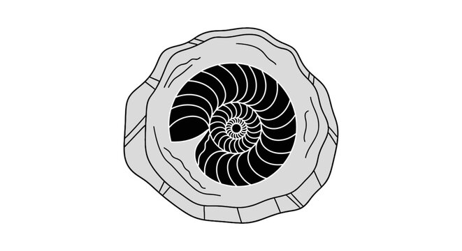 Black and white nautilus fossil illustration on a white background