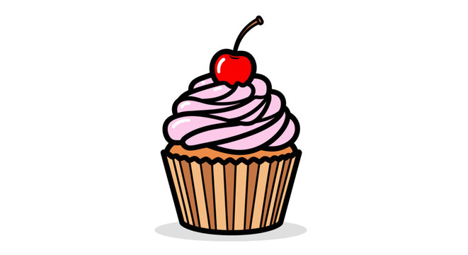 Cartoon cupcake with cherry on top isolated on white background