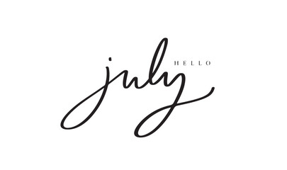 Hello july month text font calligraphy hand written lettering script black color object icon Hello july month welcome summer season vacation creative banner beach hi hello july month 4th of the year   © StreetOnCamara