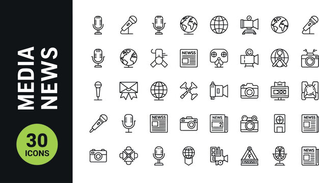 Media news icon set with 30 outline vector elements, journalism and broadcasting symbols, professional press and television reporting graphics