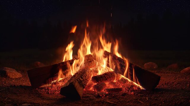 Close up of bright campfire burning at night with glowing logs and embers.