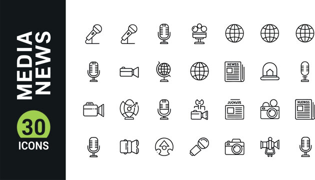 Media news icons set, 30 linear vector icons for journalism and broadcasting, minimalist black outline press and communication symbols
