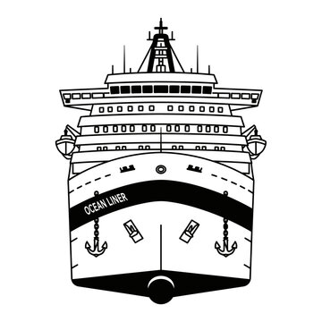 Ocean liner illustration front view of cruise ship in black and white