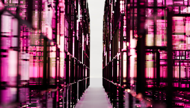 Abstract modern pink neon geometric corridor structure