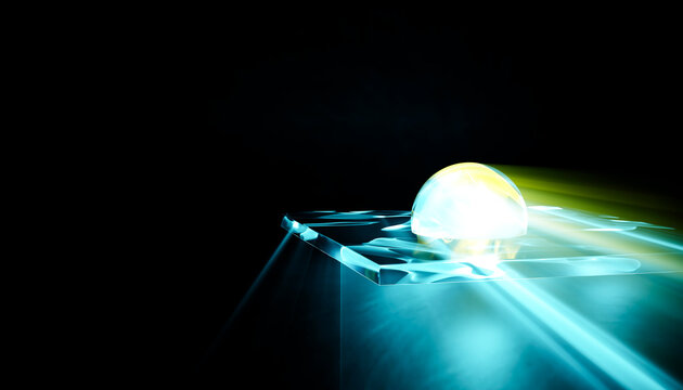 Modern abstract image with glowing light beam on glass and copy space