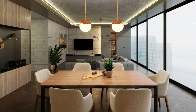 Modern minimalistic open plan apartment interior with dining table