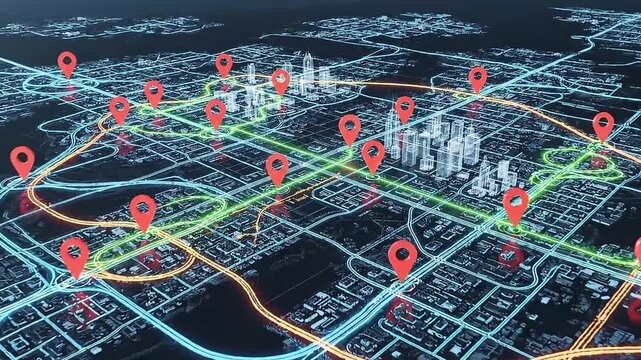 Digital city map with animated GPS location pins and glowing data traffic flow