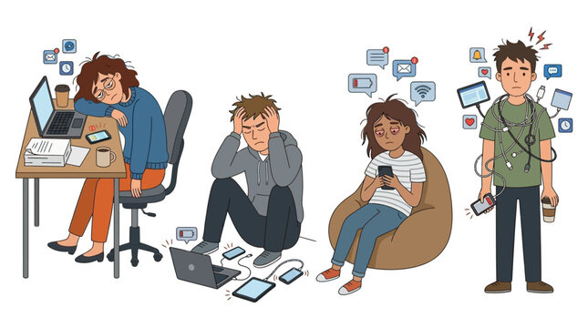 Illustration depicting four individuals experiencing digital overload, stress, and exhaustion from constant technology use and notifications in modern life.
