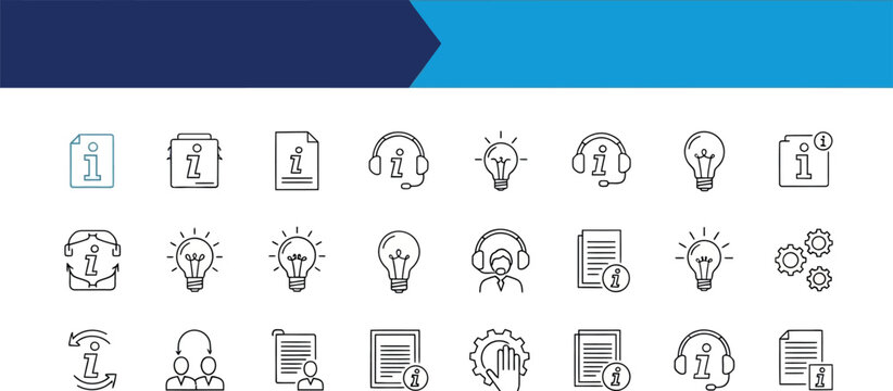 Customer support and information line icons, set of 24 vector symbols for help desk and FAQ, technical assistance and knowledge base graphics