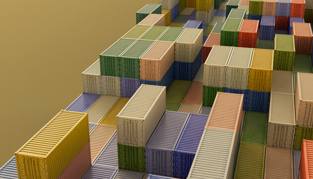 3d render of colorful shipping containers stacked from high angle view