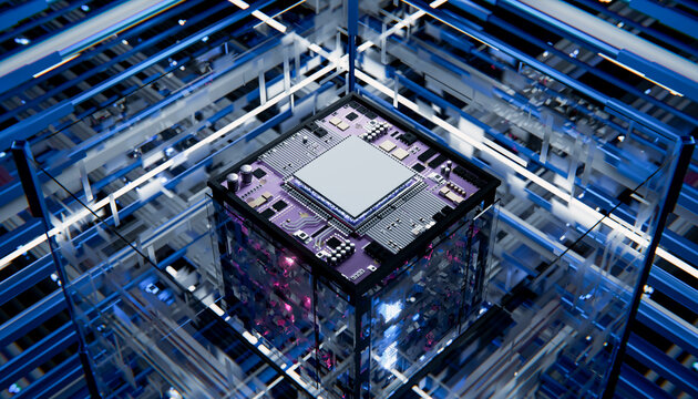 Futuristic 3D rendered microchip in a blue computing network