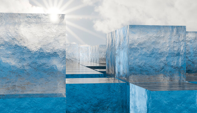 Abstract 3d landscape with large ice block and bright sunlight