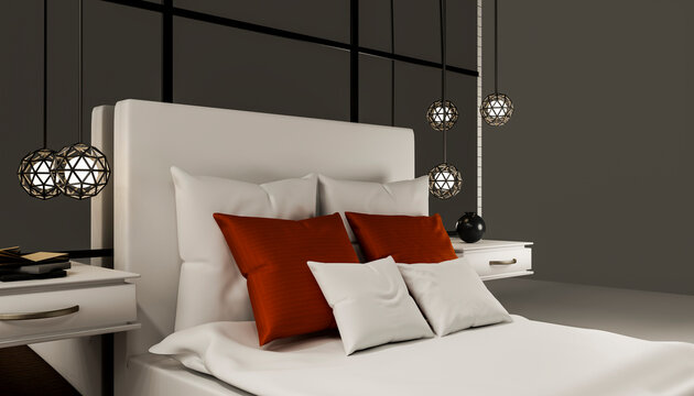 Modern minimalistic bedroom interior with white bed and lighting