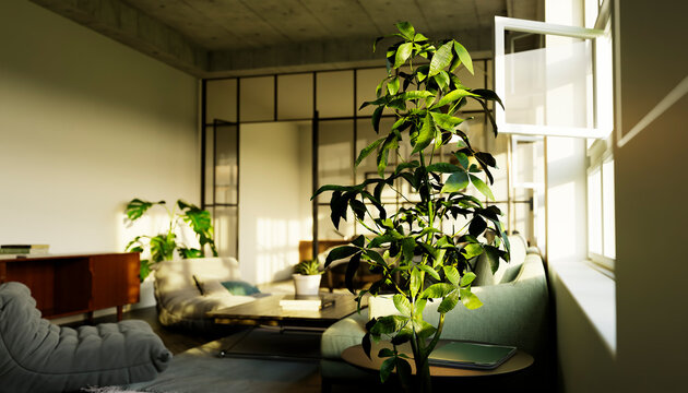 Modern minimalistic living room interior with plant and sunlight