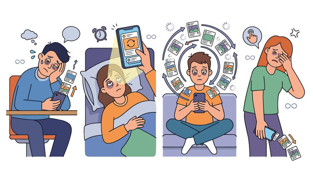 Illustration depicting the adverse effects of smartphone overuse, showing individuals experiencing fatigue, sleep deprivation, constant scrolling, and digital distraction.