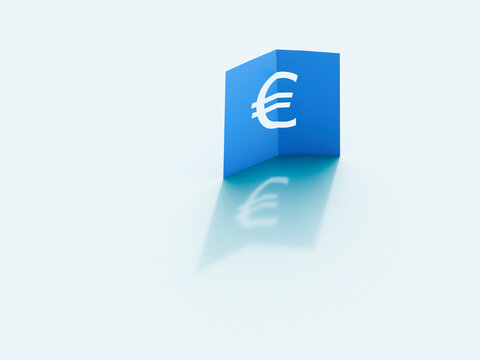 Blue 3D paper with Euro sign and shadow on white background