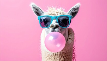 Fototapeta premium Llama wearing sunglasses blows a pink bubblegum against a pastel pink background, exuding coolness