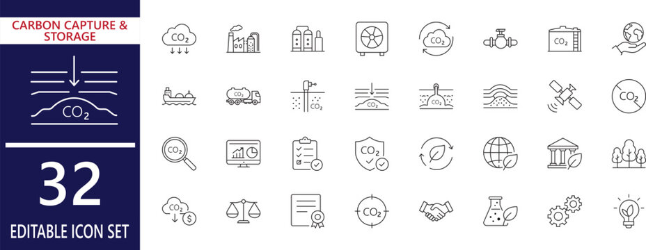 carbon capture storage thin line icon set with pipeline, global warming, atmospheric, silhouette, sustainability, pipeline, and more icon