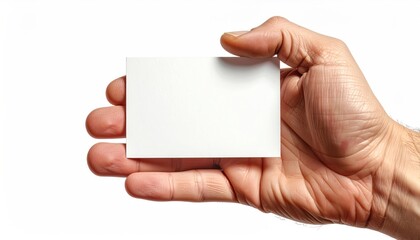 Obraz premium Hand holding blank white card against a white background, showcasing the card's blank surface