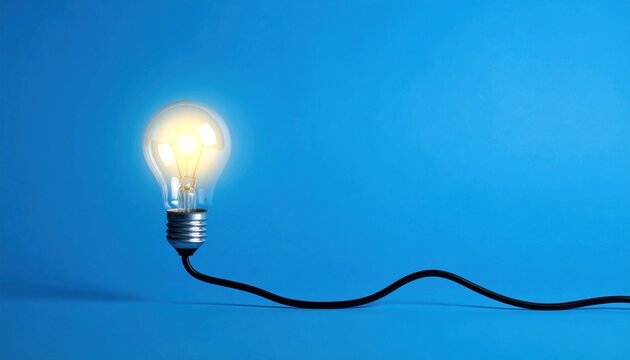 A single illuminated light bulb with a black cord against a solid blue background