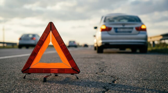Roadside Emergency: Warning Triangle Placed in Front of Broken Down Car