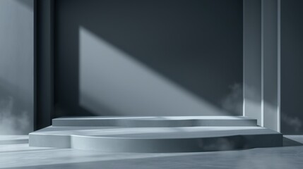 Obraz premium Minimalist stage setup. Gray tones dominate scene. Dramatic lighting creates shadows, smoke adds atmosphere. Modern design.