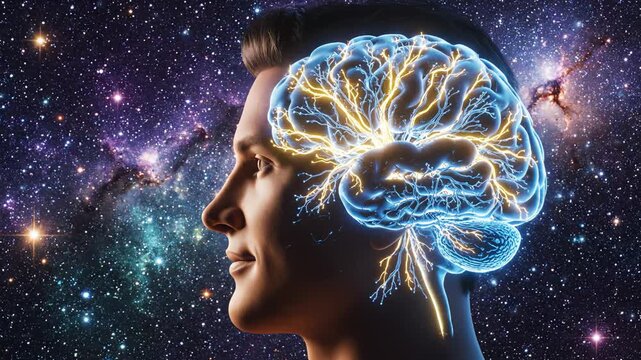 Human head with glowing brain against space perfect for IT presentations and tech marketing