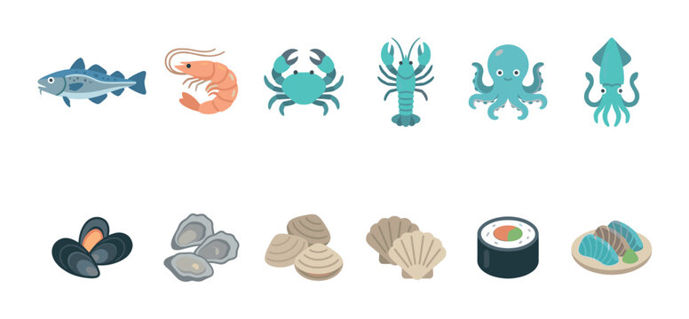 A collection of flat design icons depicting various seafood items like fish, shrimp, crab, lobster, octopus, squid, mussels, oysters, clams, scallops, sushi, and sashimi.