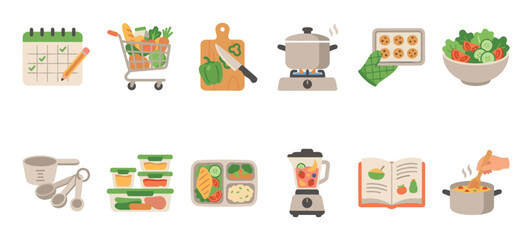 Naklejka premium Collection of flat illustrations depicting healthy food preparation, from planning and shopping to cooking and meal prepping, ideal for health or cooking blogs.