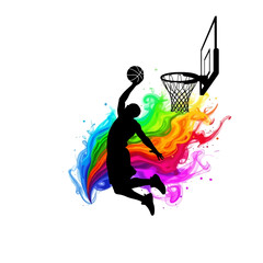 Obraz premium Silhouette Basketball Player Dunking with Colorful Paint Splatter