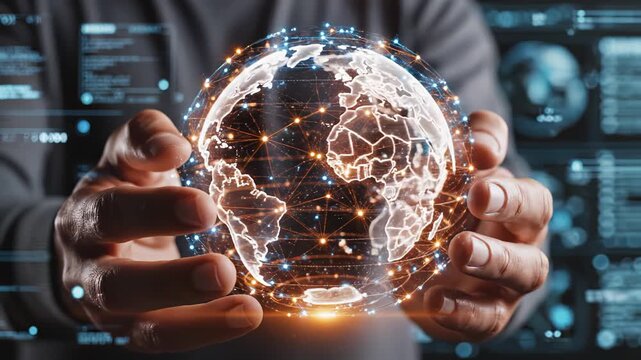 Hands holding digital globe with network connections emphasizing advanced technology and cybersecurity