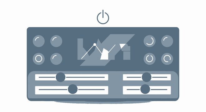 Graphic illustration of a control panel with knobs and sliders on white background