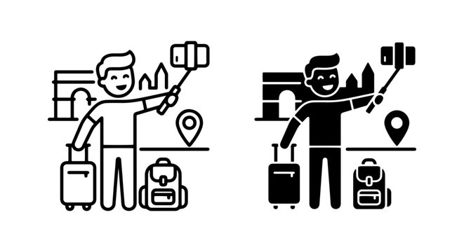 Traveler Selfie Icon Set, Tourist Photography Vector Graphics, Vacation Landmark Photography