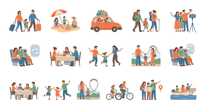 This illustration collection depicts various family vacation activities, including beach fun, road trips, air travel, dining, and amusement park visits, embodying a joyful and adventurous lifestyle.