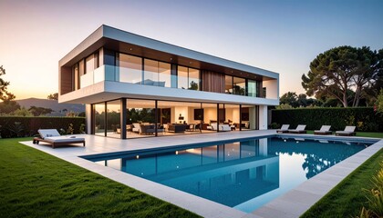 Fototapeta premium Modern two-story house with sleek glass walls and pool at sunset, surrounded by lush greenery