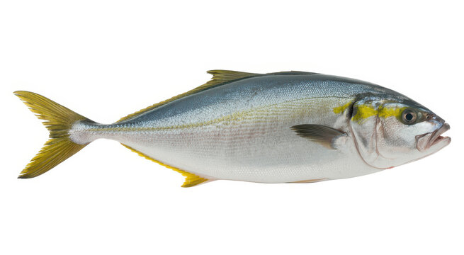 A fresh yellowtail fish isolated on a white background, for seafood and culinary