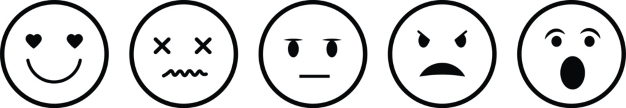 Smiley icon set, Feedback rating scale, Emoji icon collection containing happy emotion, sad, smiling, surprised, angry. Rank, level of satisfaction rating
