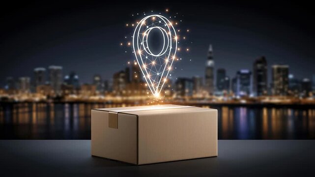 Cardboard Box Package Delivery with E Commerce Location Pin and City Skyline Night Scene