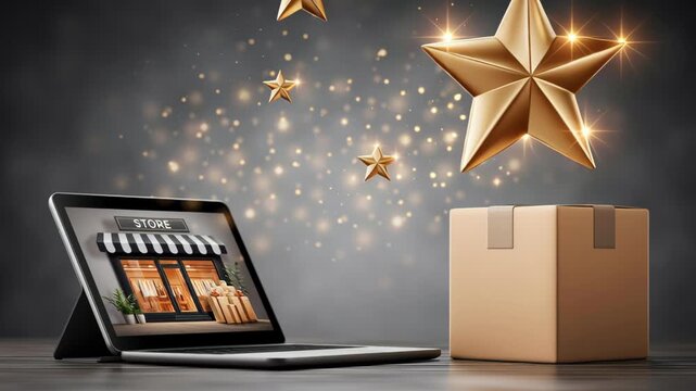 E commerce store laptop shipping box with gold star parcel package online shopping scene