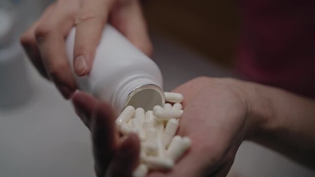 Male ands pouring an excessive amount of white pills from palm into bottle, concept of drug addiction, mental illness, overdose, and health concerns, close-up, slow motion.