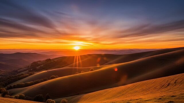 Rolling hills fade into sunset sky with orange, yellow and violet gradients